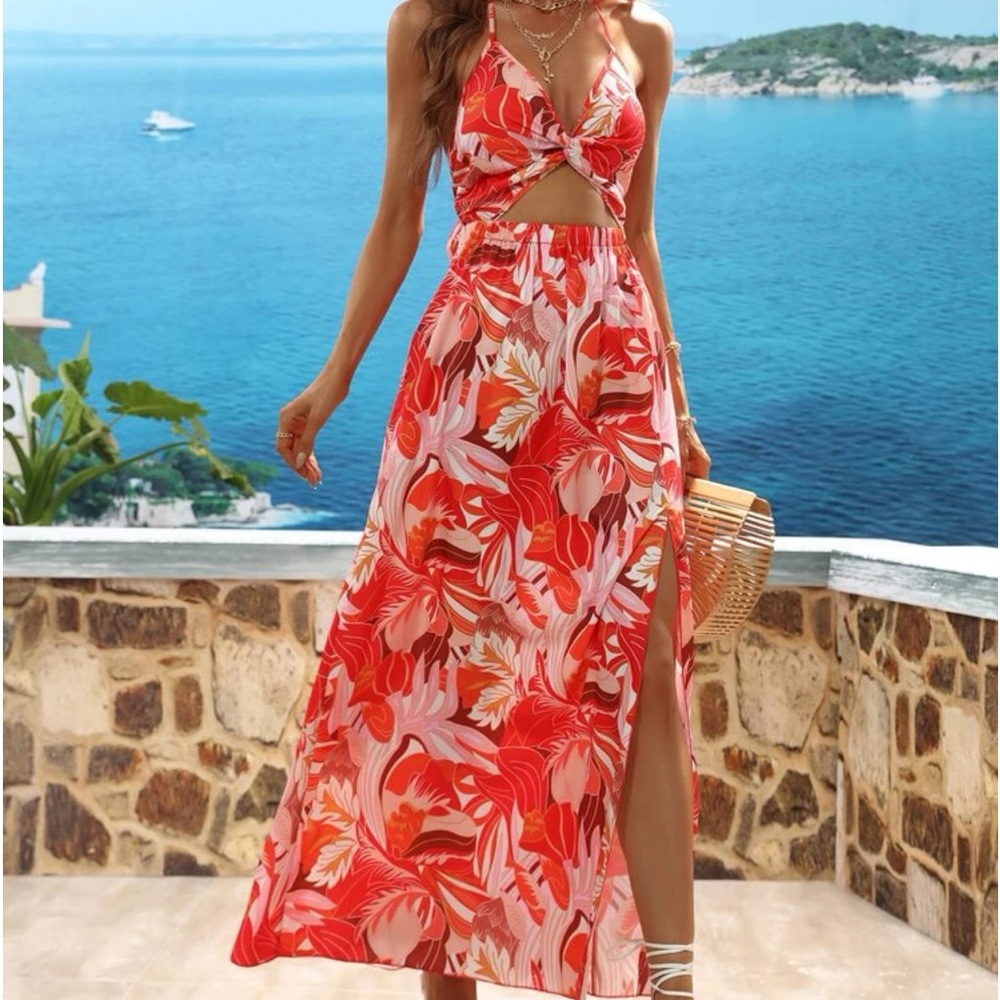Floral Print Twist Front Cut Out Split Thigh Tie Backless Halter Dress (Size: S)